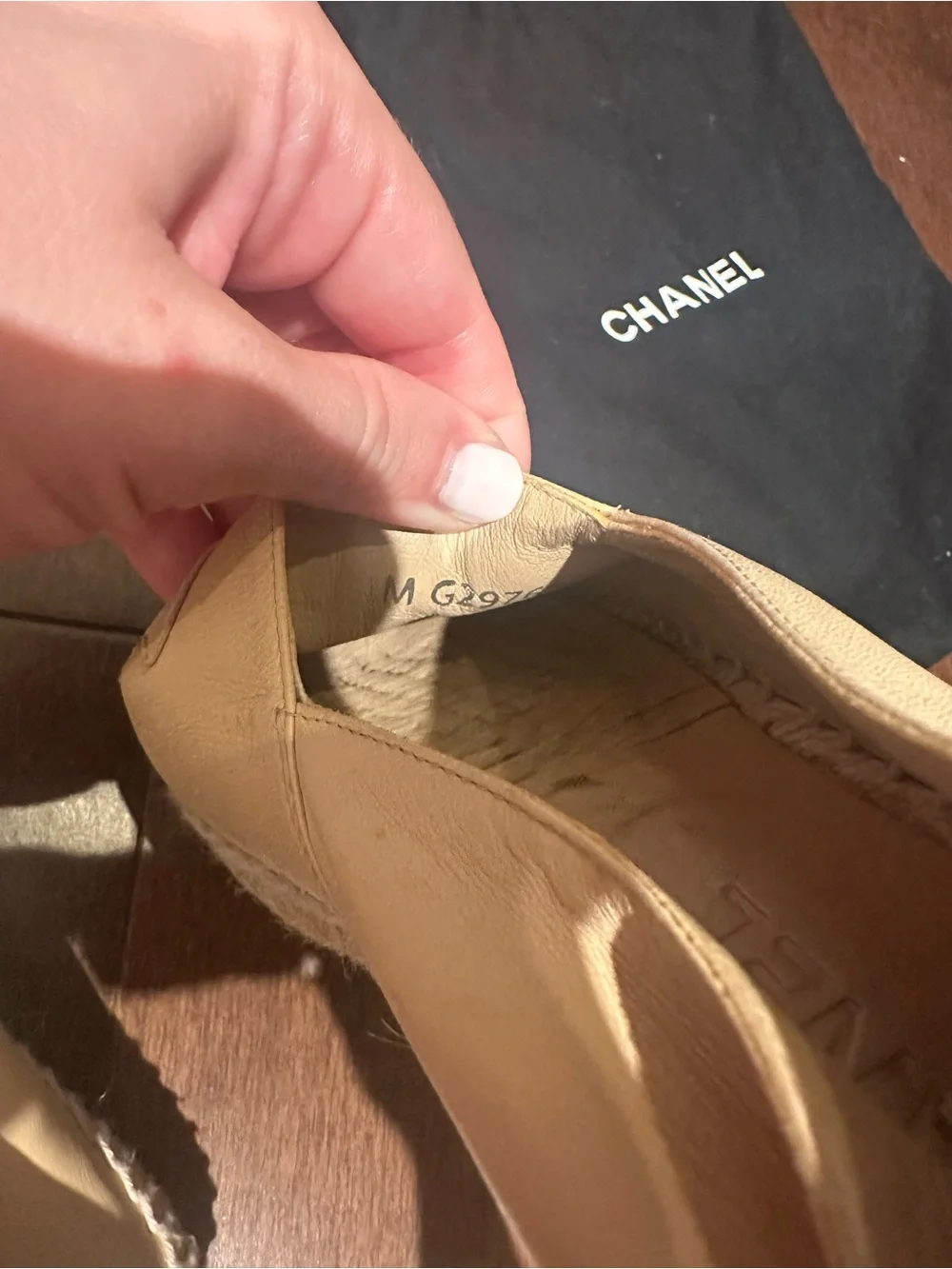 CHANEL Beige Leather Espadrilles with Black Cap Toe Size 36